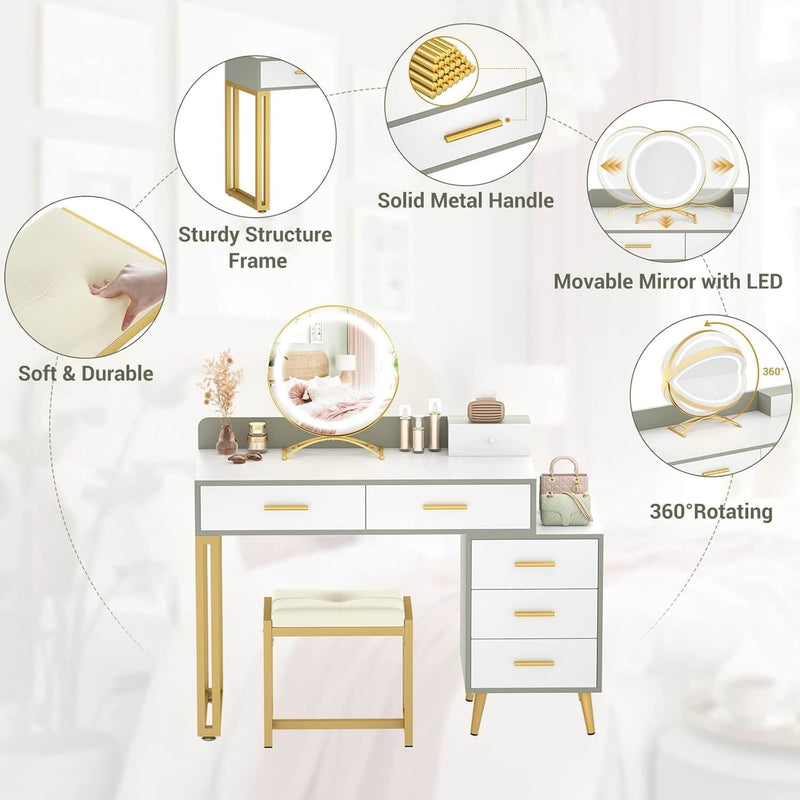 6 Drawers Makeup Vanity Set with Stool and LED Mirror