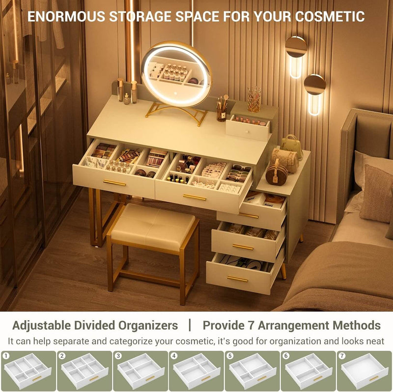 6 Drawers Makeup Vanity Set with Stool and LED Mirror
