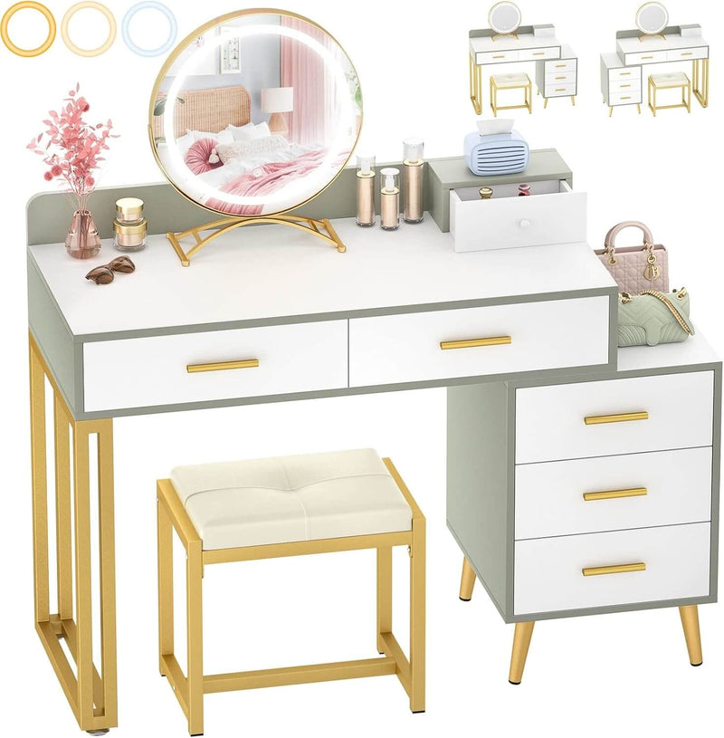 6 Drawers Makeup Vanity Set with Stool and LED Mirror
