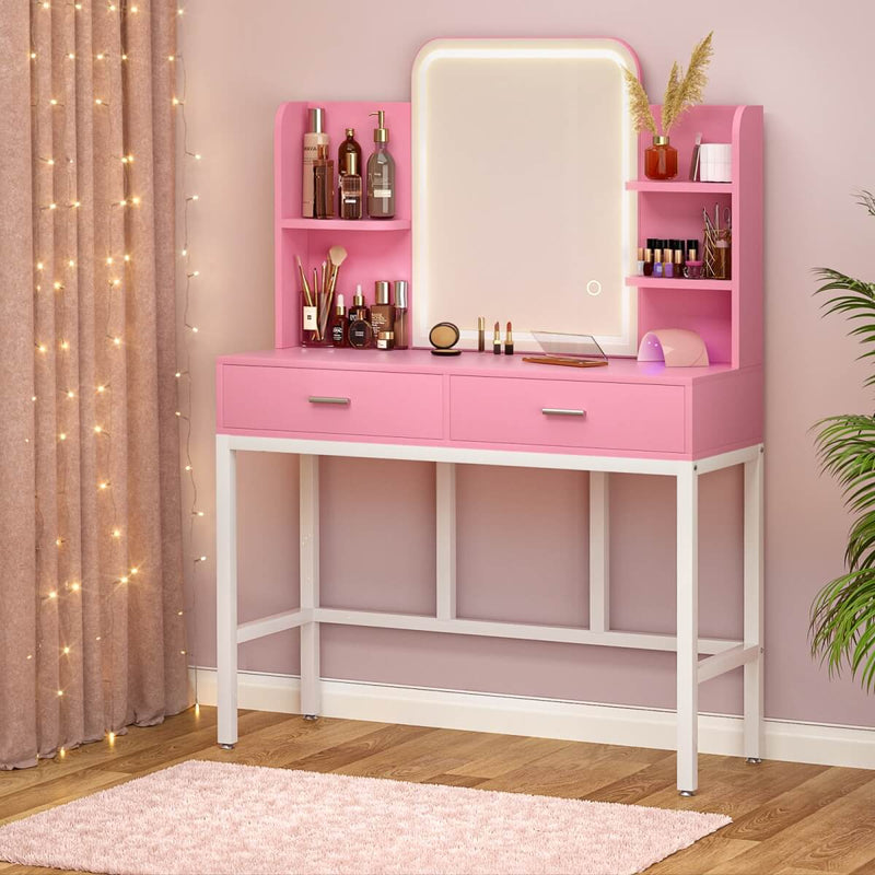 Makeup Vanity with Lighted Mirror and Drawer Storage