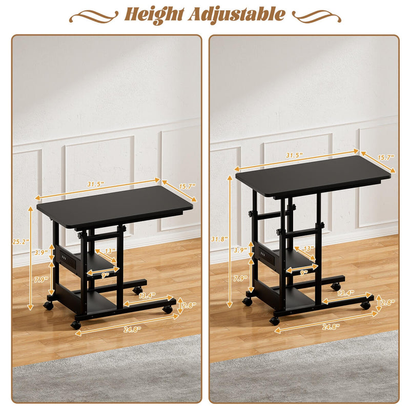 Height Adjustable C-Shaped Table with USB Port and Wheels