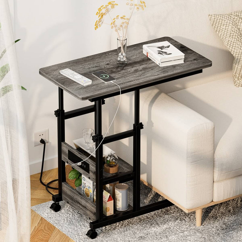 Height Adjustable C-Shaped Table with USB Port and Wheels