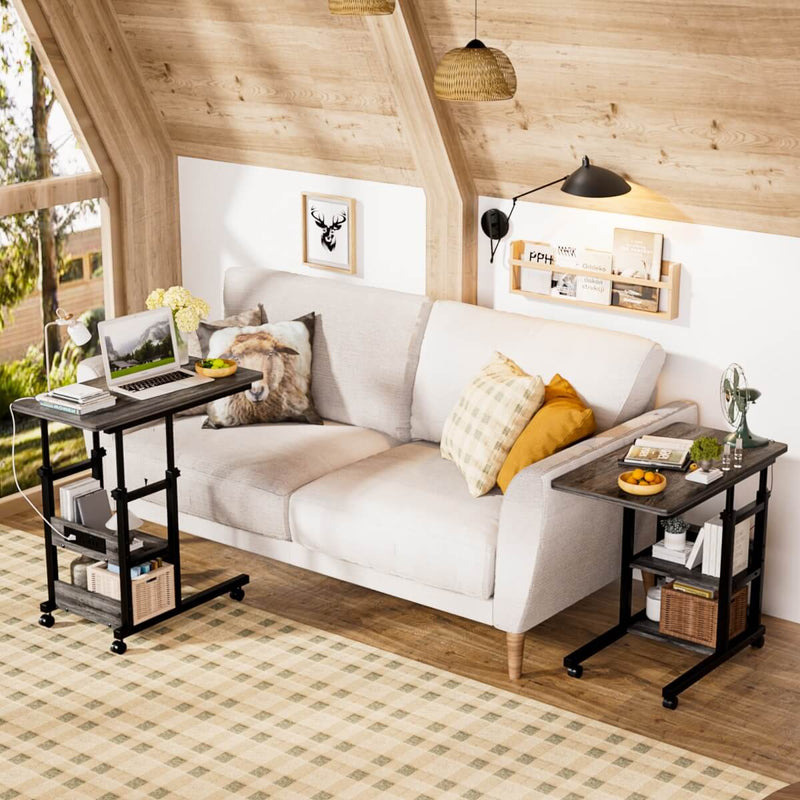 Height Adjustable C-Shaped Table with USB Port and Wheels