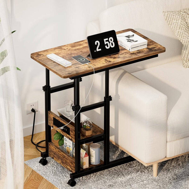 Height Adjustable C-Shaped Table with USB Port and Wheels