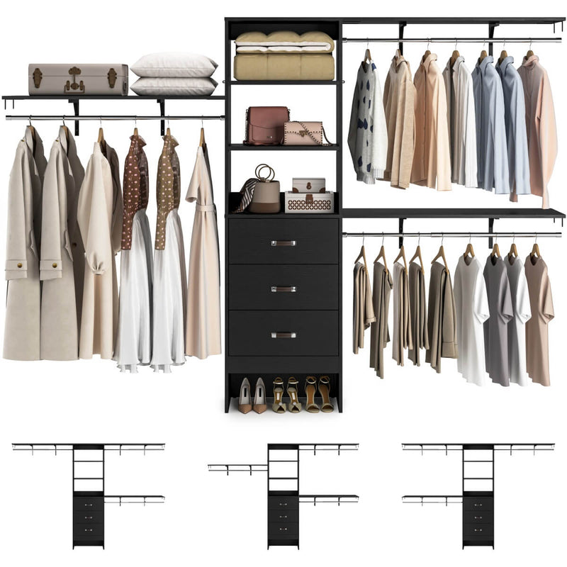 120'' Adjustable Closet Organizer, Large Closet System with Storage Drawers and Hanging Rods