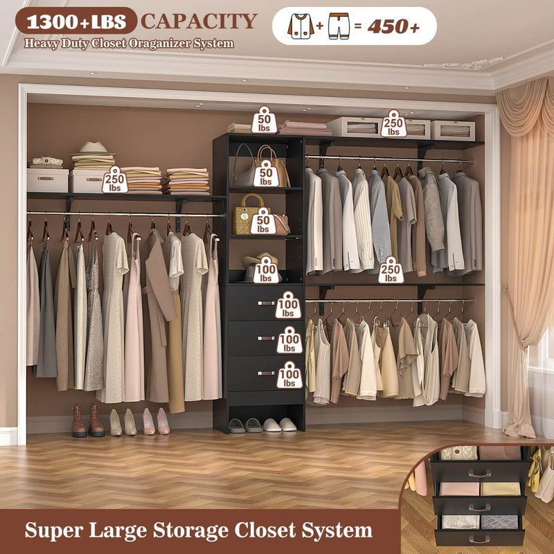 120'' Adjustable Closet Organizer, Large Closet System with Storage Drawers and Hanging Rods