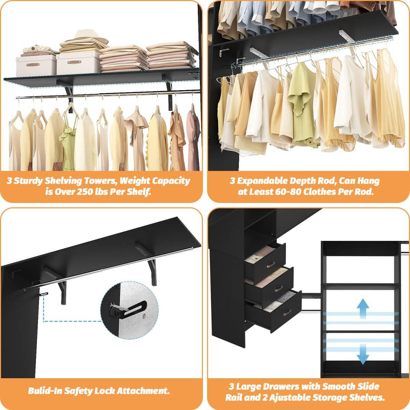 120'' Adjustable Closet Organizer, Large Closet System with Storage Drawers and Hanging Rods