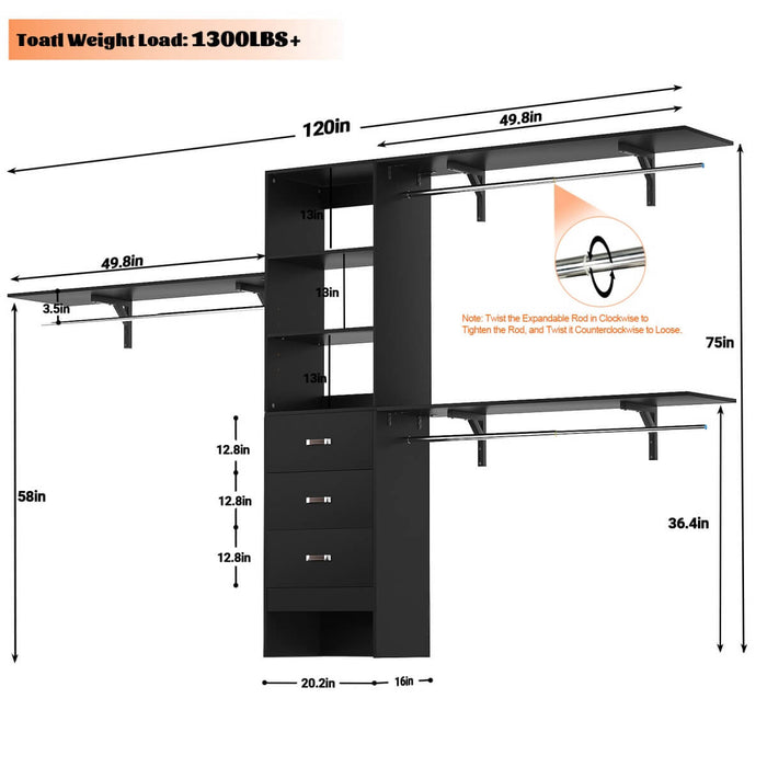 120'' Adjustable Closet Organizer, Large Closet System with Storage Drawers and Hanging Rods