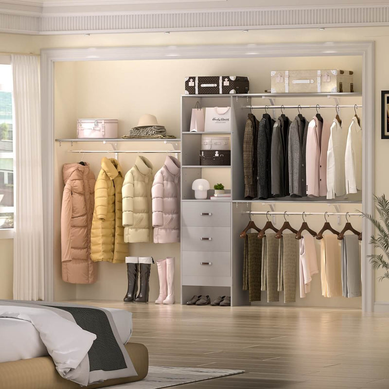120'' Adjustable Closet Organizer, Large Closet System with Storage Drawers and Hanging Rods