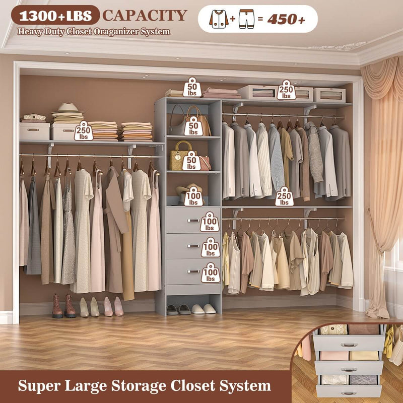120'' Adjustable Closet Organizer, Large Closet System with Storage Drawers and Hanging Rods