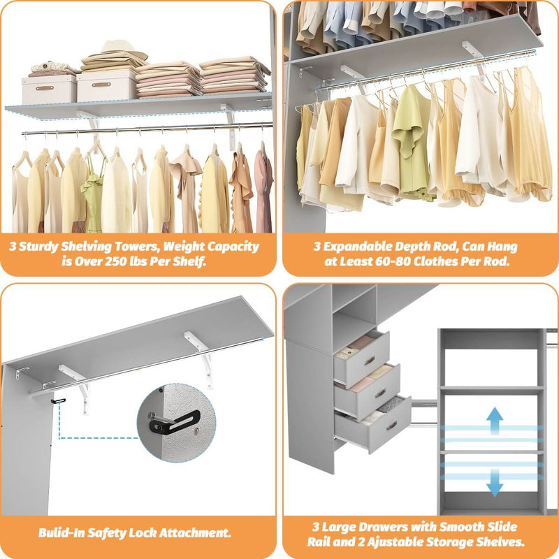 120'' Adjustable Closet Organizer, Large Closet System with Storage Drawers and Hanging Rods