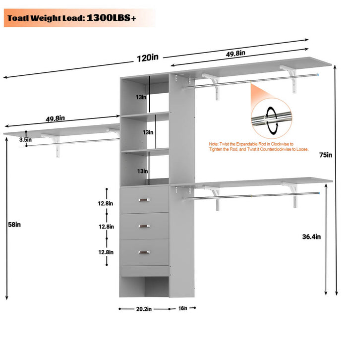 120'' Adjustable Closet Organizer, Large Closet System with Storage Drawers and Hanging Rods