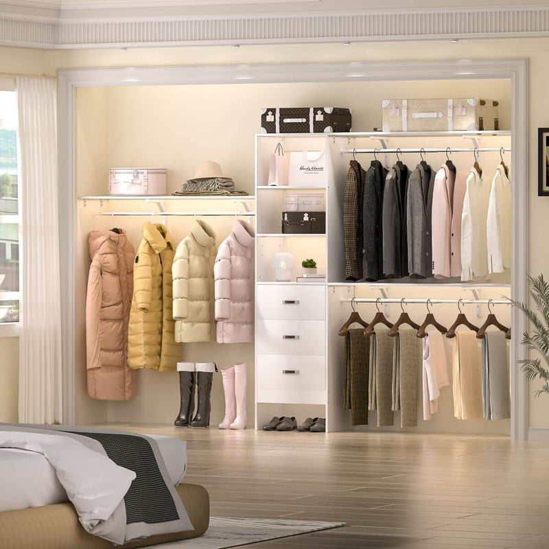 120'' Adjustable Closet Organizer, Large Closet System with Storage Drawers and Hanging Rods
