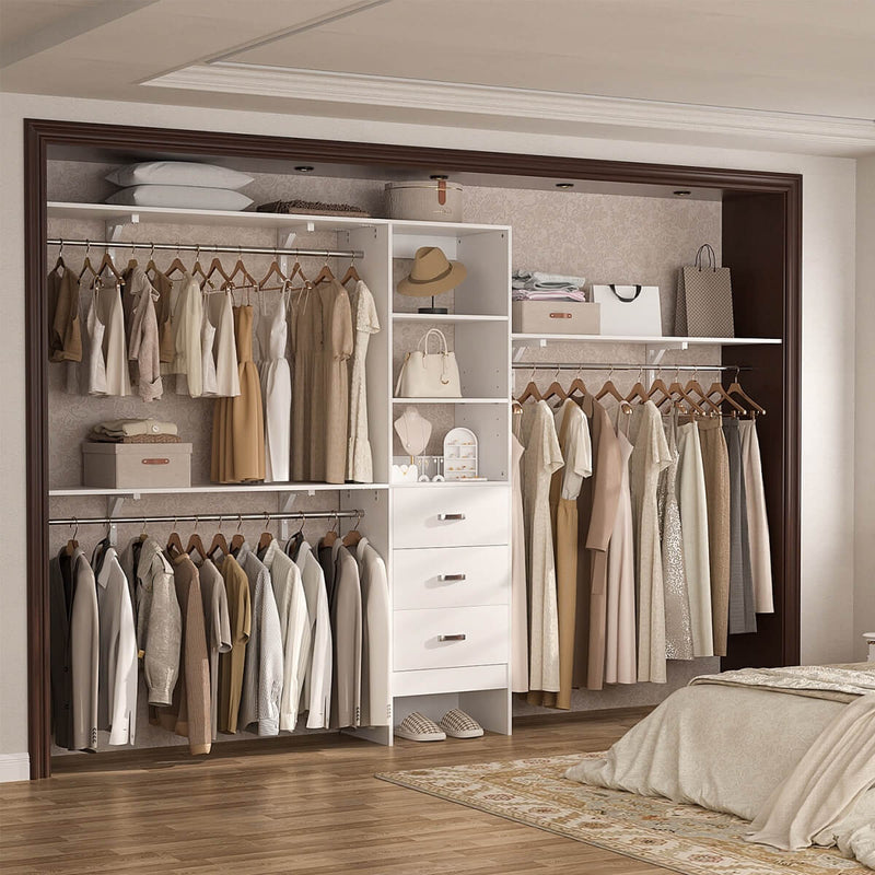 120'' Adjustable Closet Organizer, Large Closet System with Storage Drawers and Hanging Rods