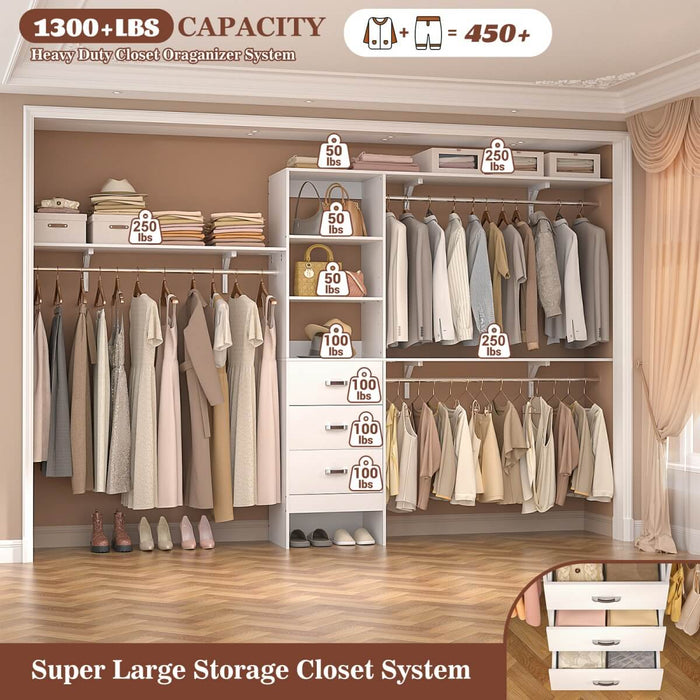 120'' Adjustable Closet Organizer, Large Closet System with Storage Drawers and Hanging Rods