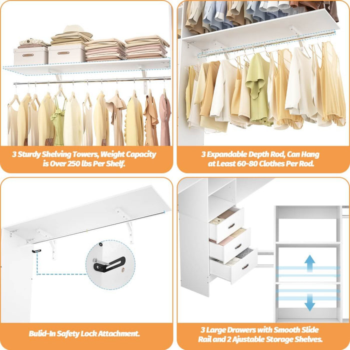 120'' Adjustable Closet Organizer, Large Closet System with Storage Drawers and Hanging Rods