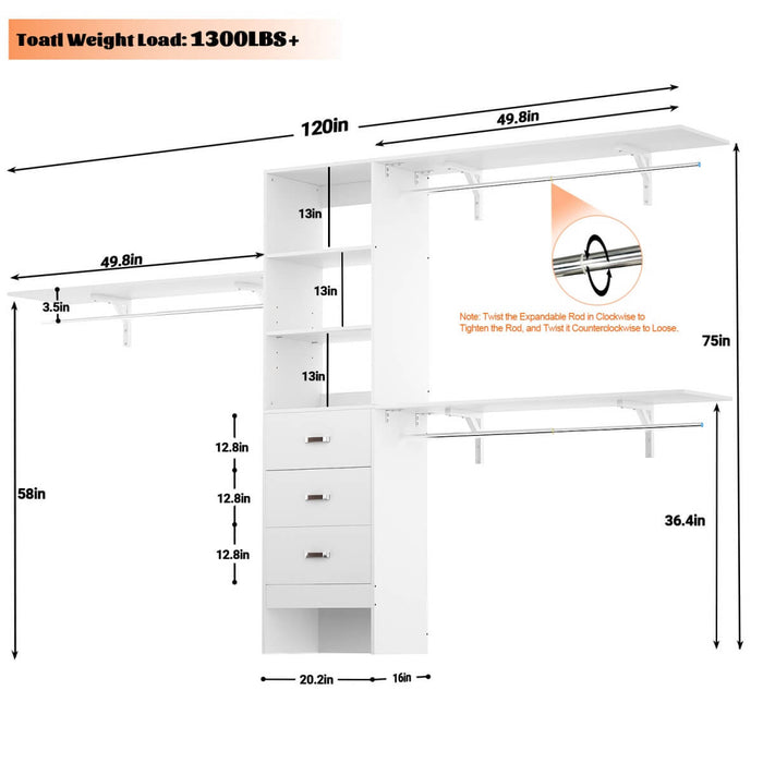 120'' Adjustable Closet Organizer, Large Closet System with Storage Drawers and Hanging Rods
