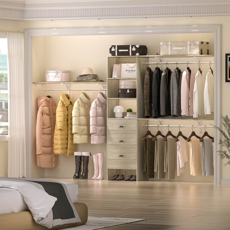 120'' Adjustable Closet Organizer, Large Closet System with Storage Drawers and Hanging Rods