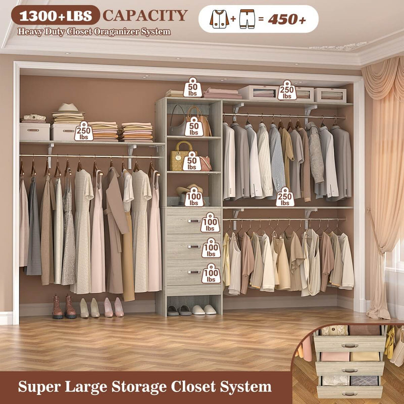 120'' Adjustable Closet Organizer, Large Closet System with Storage Drawers and Hanging Rods