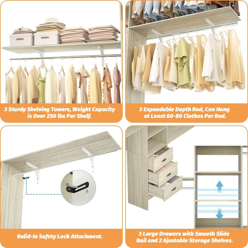 120'' Adjustable Closet Organizer, Large Closet System with Storage Drawers and Hanging Rods