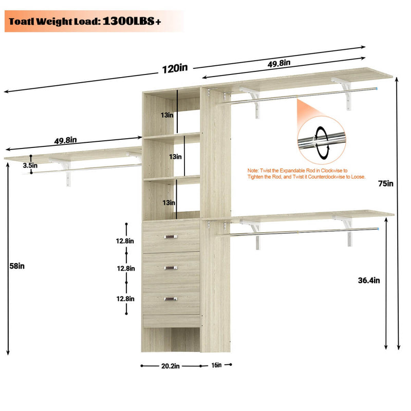 120'' Adjustable Closet Organizer, Large Closet System with Storage Drawers and Hanging Rods