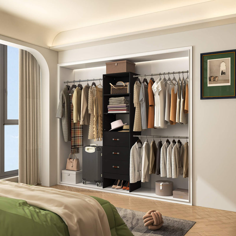 21 - 96 Inch Adjustable Closet System with 3 drawers, Hanging Rods, Storage Shelves