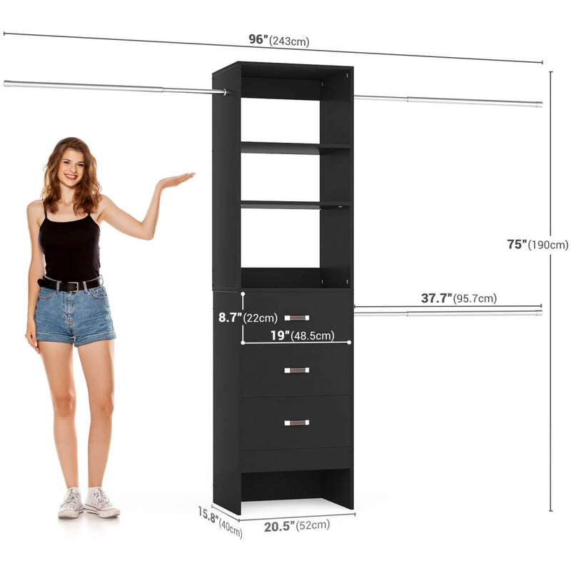 21 - 96 Inch Adjustable Closet System with 3 drawers, Hanging Rods, Storage Shelves