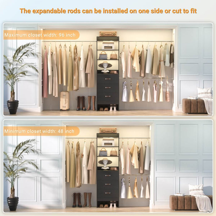 21 - 96 Inch Adjustable Closet System with 3 drawers, Hanging Rods, Storage Shelves