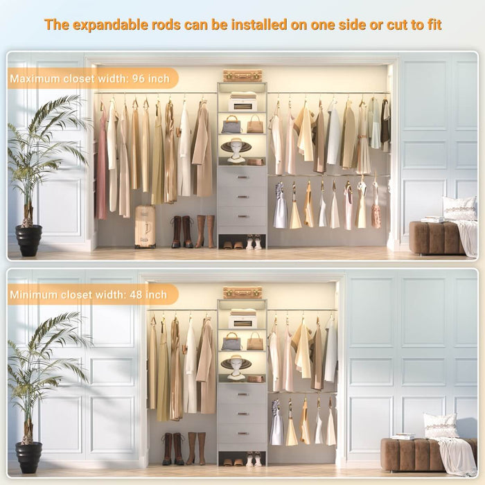 21 - 96 Inch Adjustable Closet System with 3 drawers, Hanging Rods, Storage Shelves