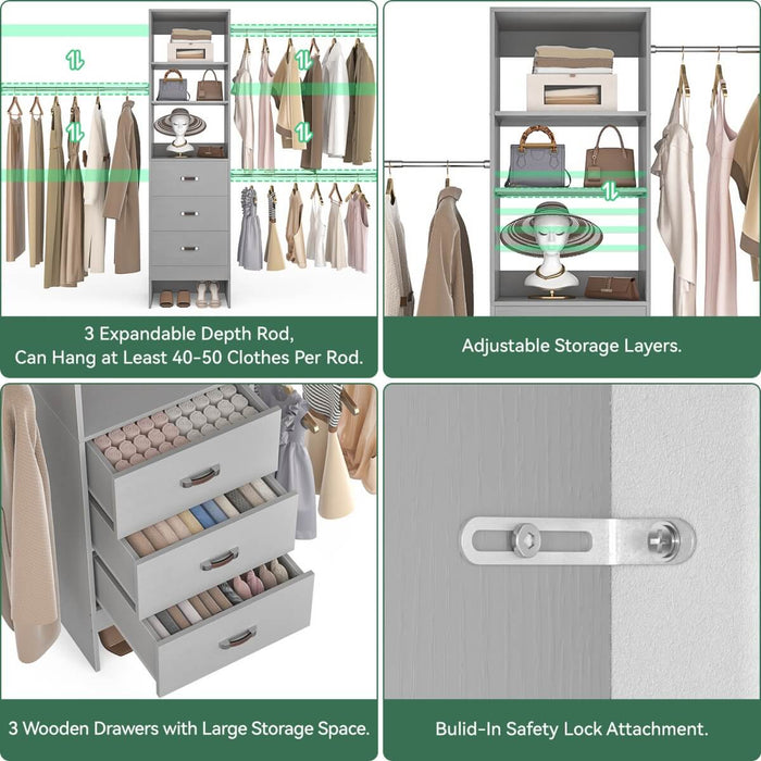 21 - 96 Inch Adjustable Closet System with 3 drawers, Hanging Rods, Storage Shelves