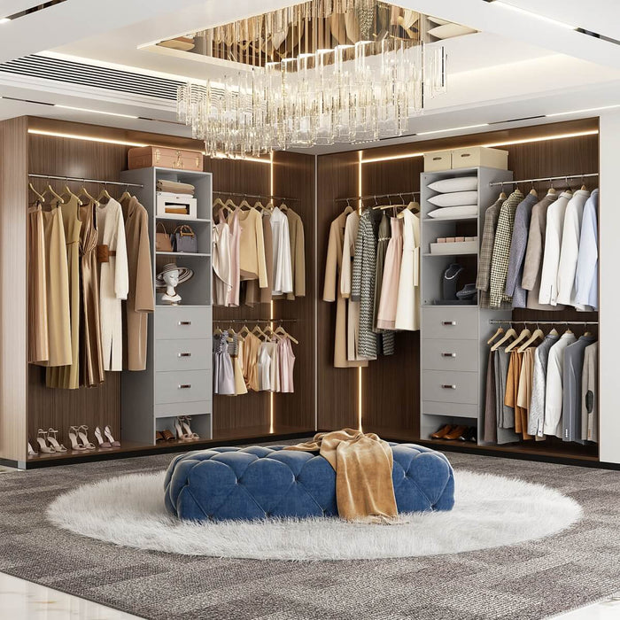 21 - 96 Inch Adjustable Closet System with 3 drawers, Hanging Rods, Storage Shelves