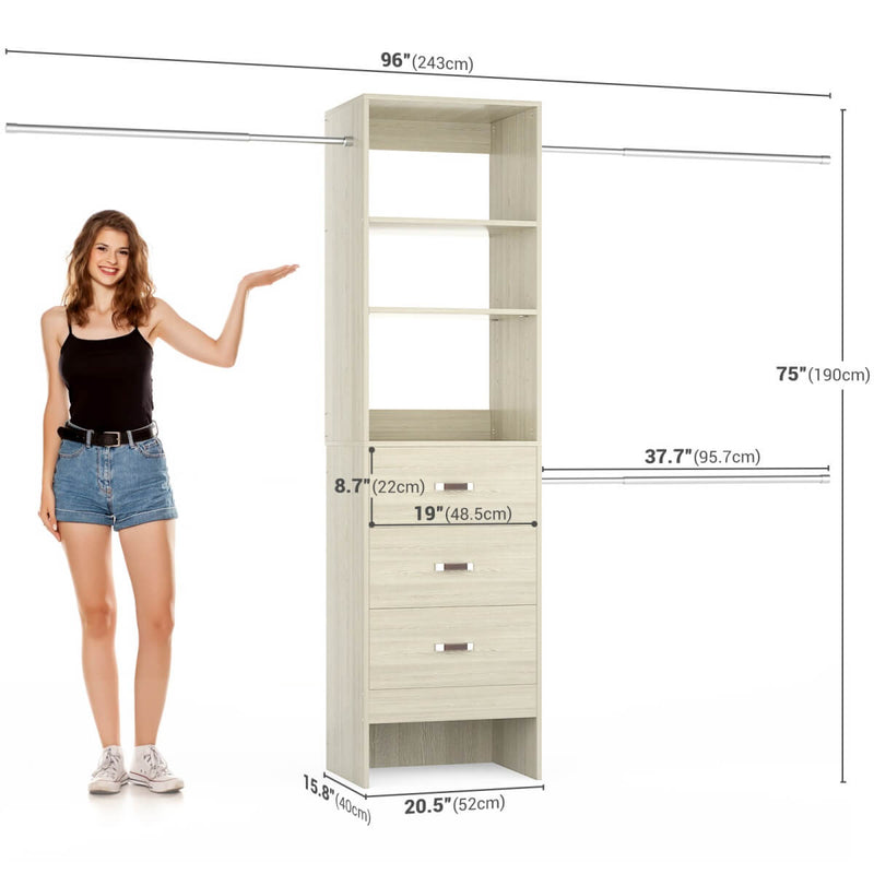 21 - 96 Inch Adjustable Closet System with 3 drawers, Hanging Rods, Storage Shelves