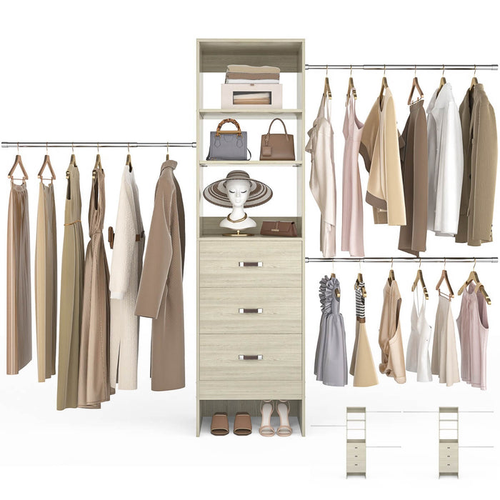 21 - 96 Inch Adjustable Closet System with 3 drawers, Hanging Rods, Storage Shelves