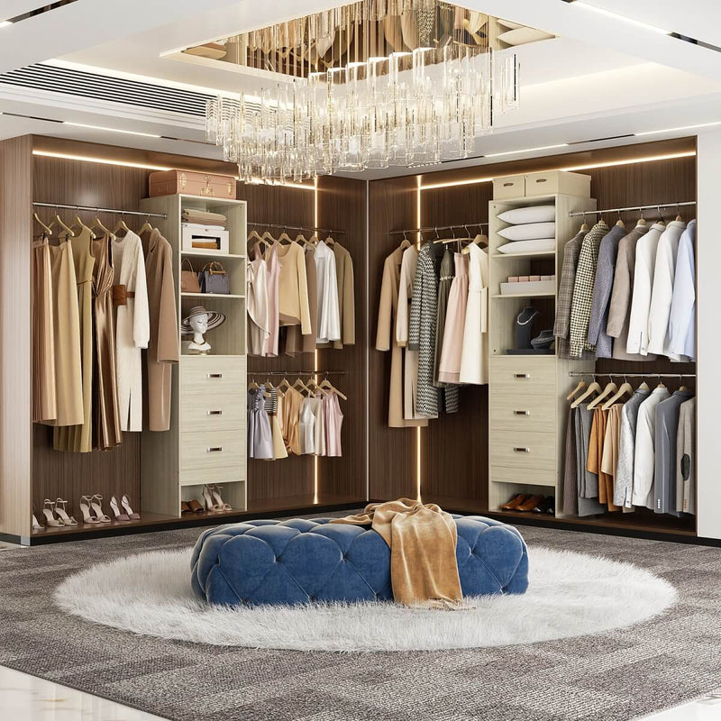 21 - 96 Inch Adjustable Closet System with 3 drawers, Hanging Rods, Storage Shelves