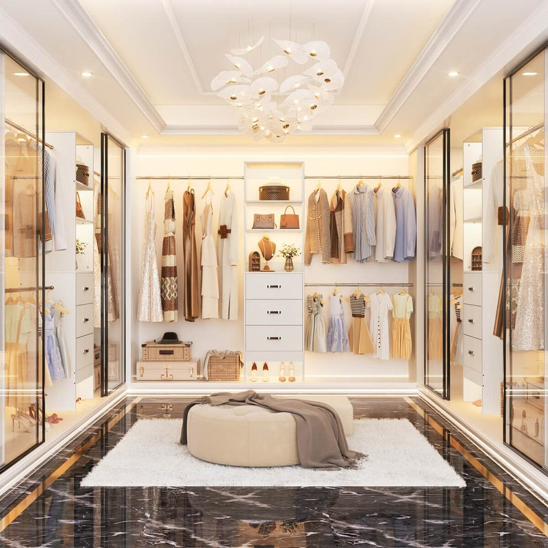 21 - 96 Inch Adjustable Closet System with 3 drawers, Hanging Rods, Storage Shelves