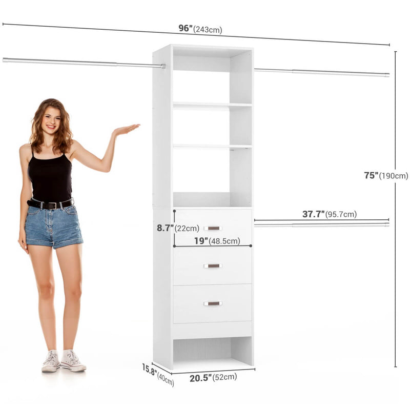 21 - 96 Inch Adjustable Closet System with 3 drawers, Hanging Rods, Storage Shelves