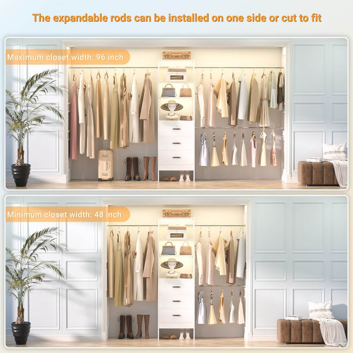 21 - 96 Inch Adjustable Closet System with 3 drawers, Hanging Rods, Storage Shelves