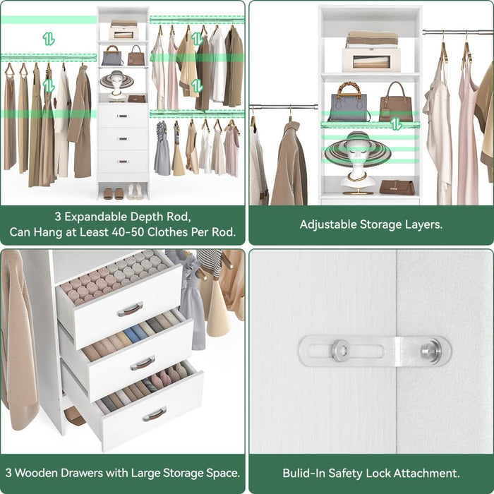 21 - 96 Inch Adjustable Closet System with 3 drawers, Hanging Rods, Storage Shelves