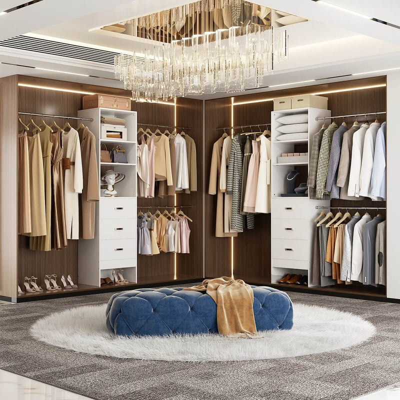 21 - 96 Inch Adjustable Closet System with 3 drawers, Hanging Rods, Storage Shelves