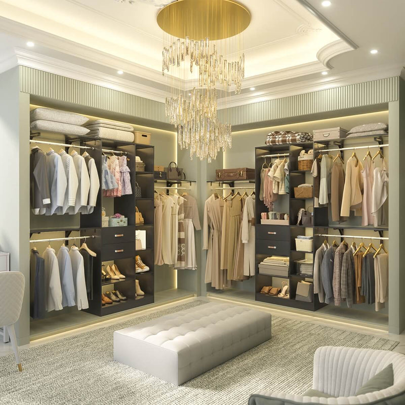 96'' Closet Organizer with 13 Shelves, DIY Closet System with Drawers and Hanging Rods