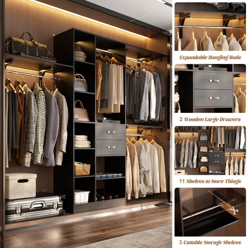 96'' Closet Organizer with 13 Shelves, DIY Closet System with Drawers and Hanging Rods