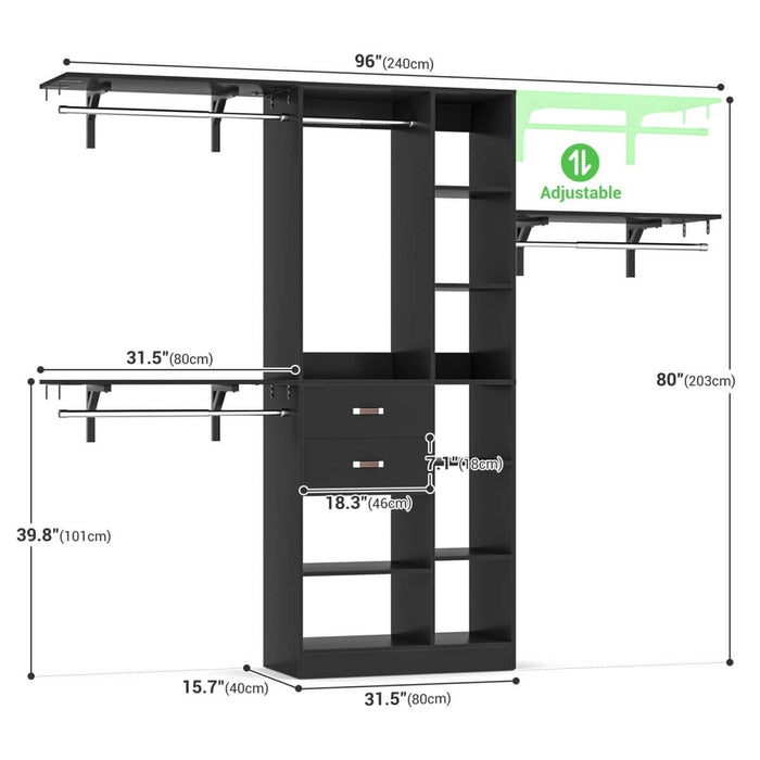 96'' Closet Organizer with 13 Shelves, DIY Closet System with Drawers and Hanging Rods