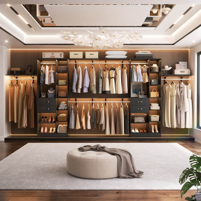 96'' Closet Organizer with 13 Shelves, DIY Closet System with Drawers and Hanging Rods