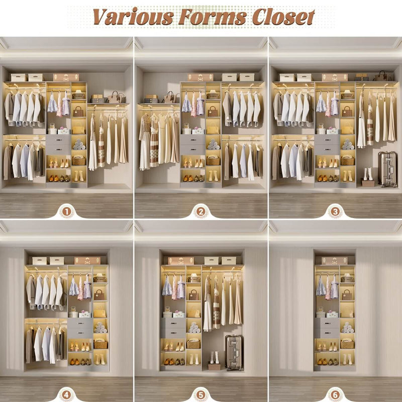 96'' Closet Organizer with 13 Shelves, DIY Closet System with Drawers and Hanging Rods