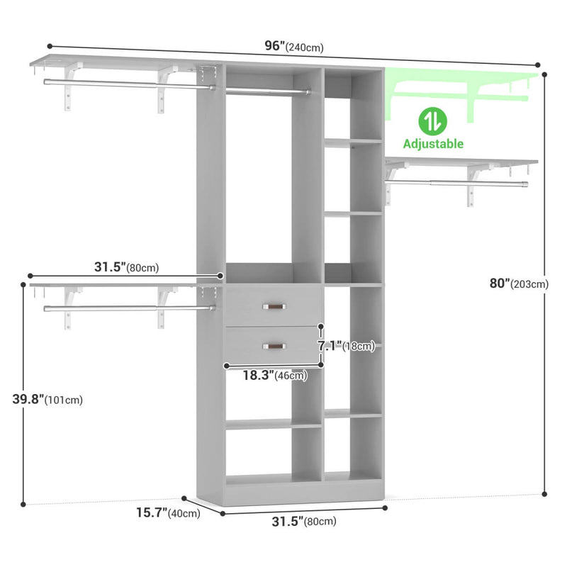 96'' Closet Organizer with 13 Shelves, DIY Closet System with Drawers and Hanging Rods