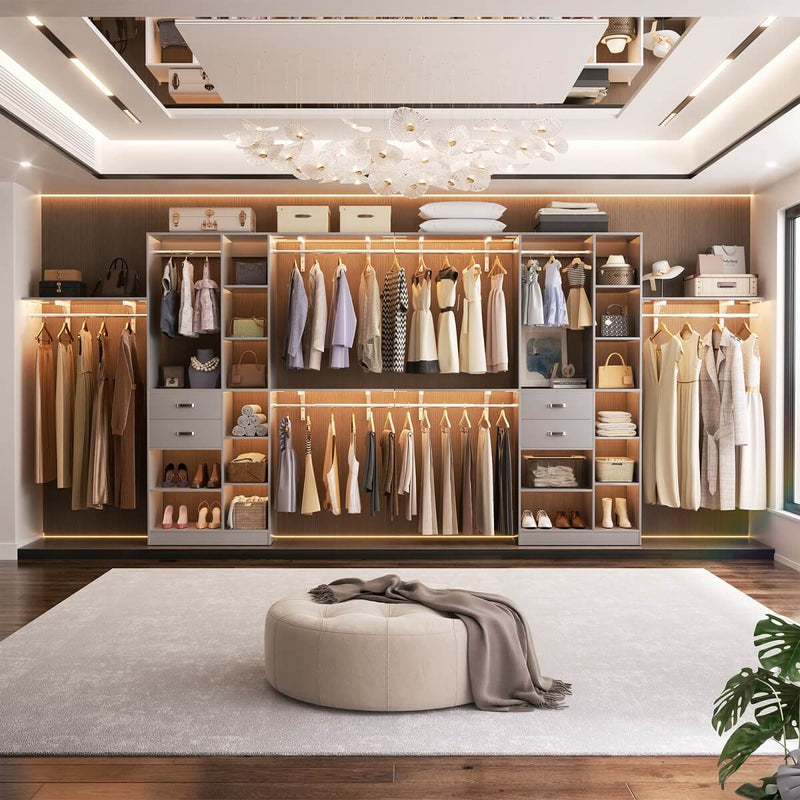 96'' Closet Organizer with 13 Shelves, DIY Closet System with Drawers and Hanging Rods