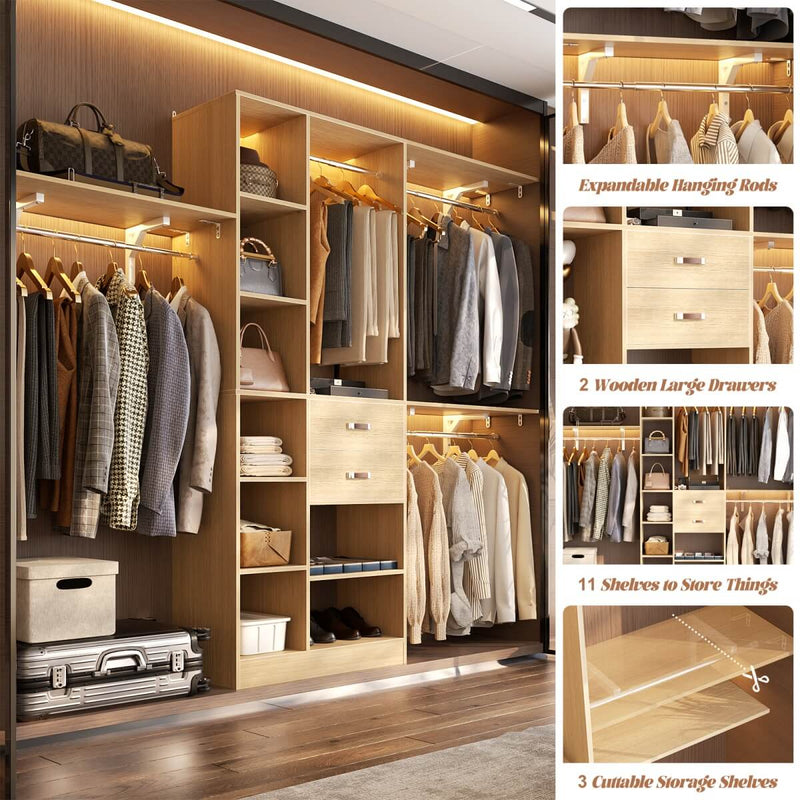 96'' Closet Organizer with 13 Shelves, DIY Closet System with Drawers and Hanging Rods