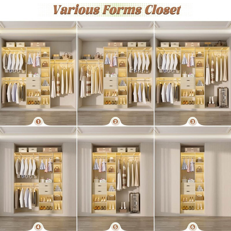 96'' Closet Organizer with 13 Shelves, DIY Closet System with Drawers and Hanging Rods