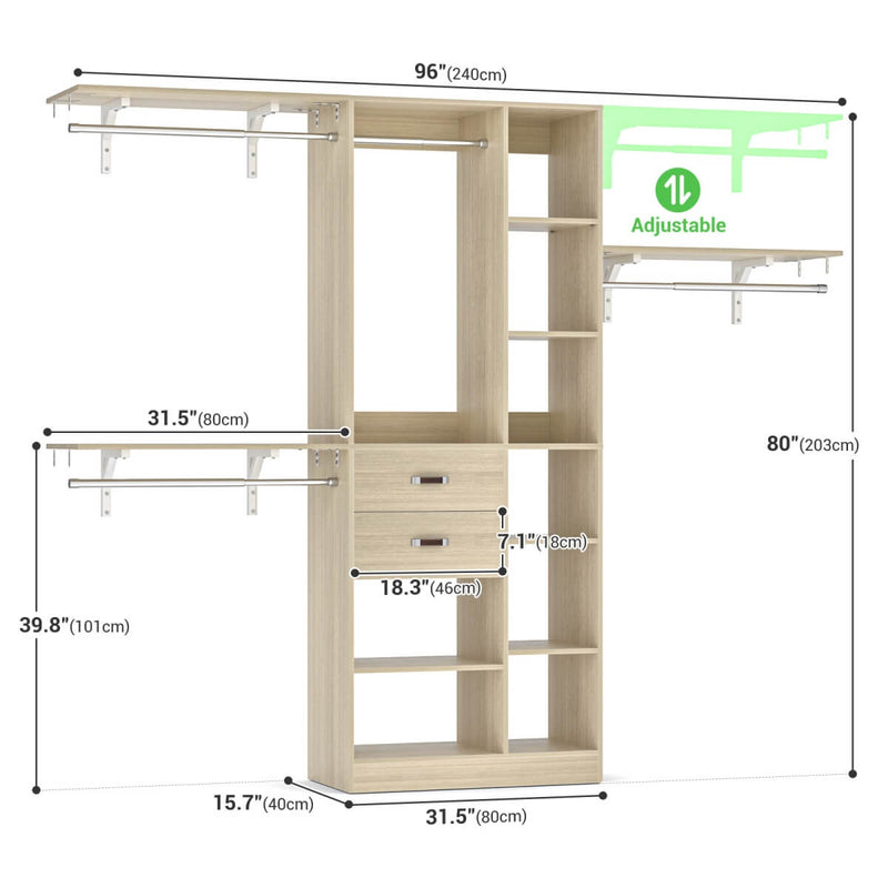 96'' Closet Organizer with 13 Shelves, DIY Closet System with Drawers and Hanging Rods