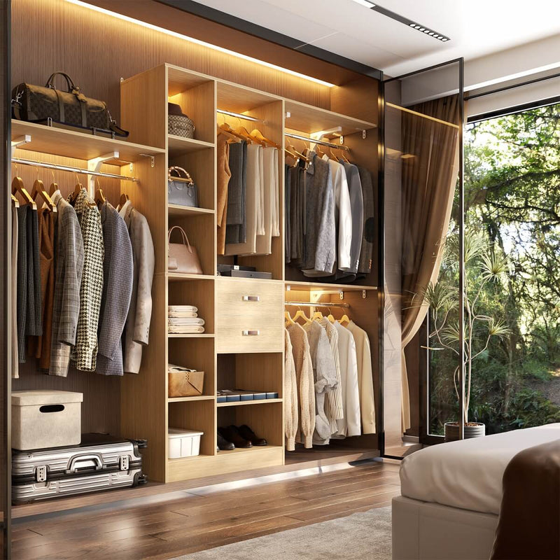 96'' Closet Organizer with 13 Shelves, DIY Closet System with Drawers and Hanging Rods